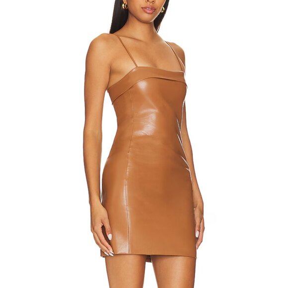 ALICE + OLIVIA Kelly Faux Leather Mini Dress in Camel - Picture 2 of 3